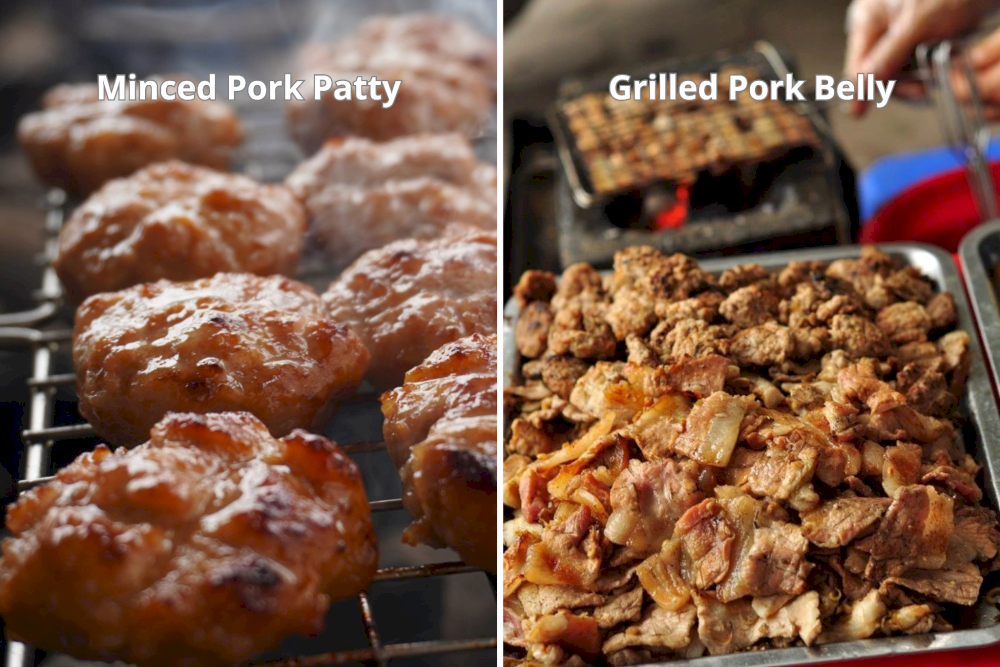 Bun Cha features two distinct types of pork: the juicy, flavorful minced pork patty and the tender, slightly charred pork belly